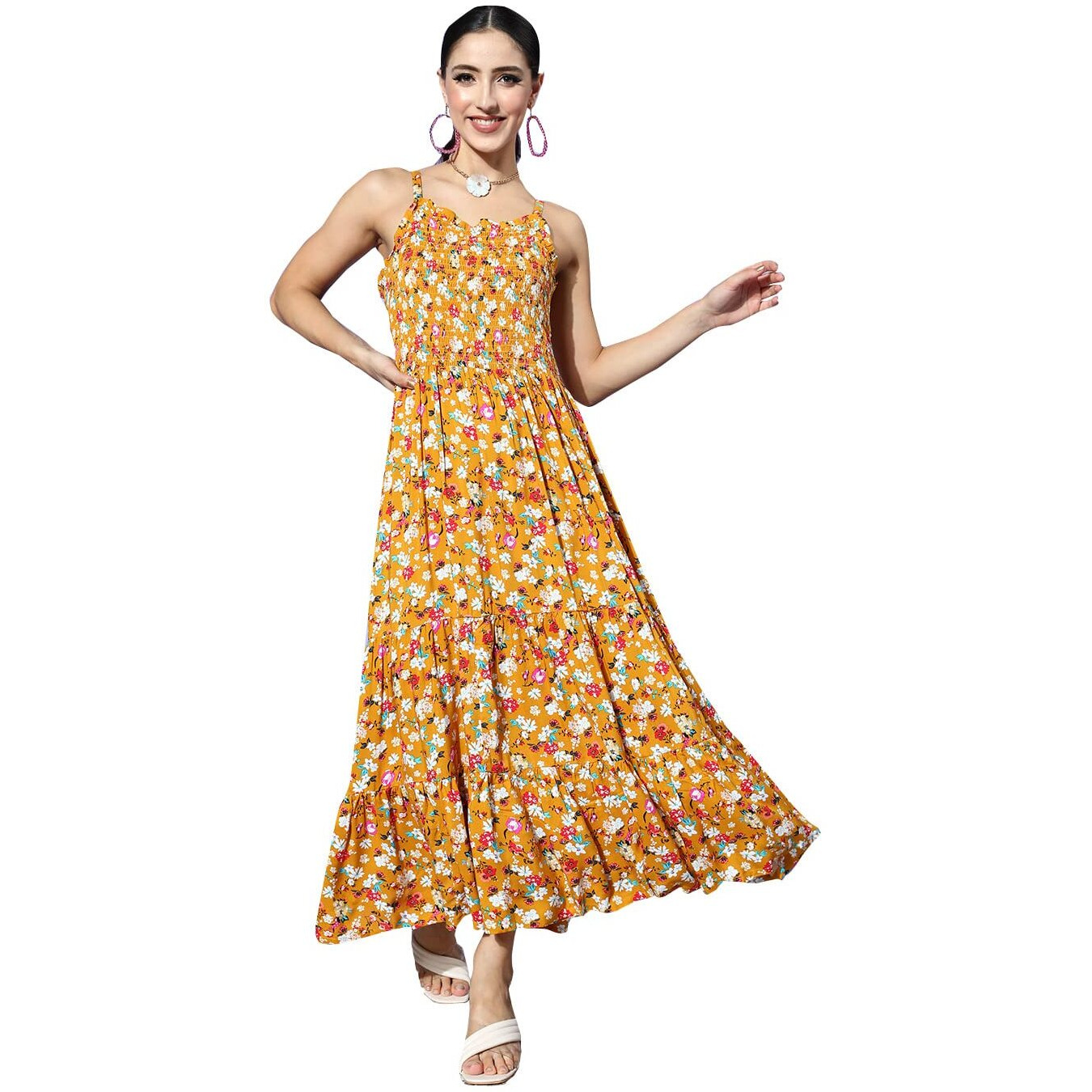 Ishin Women's Midi Polyester Printed Floral Mustard Fit & Flare Dress Inwdr0250_Ms_S_Mustard