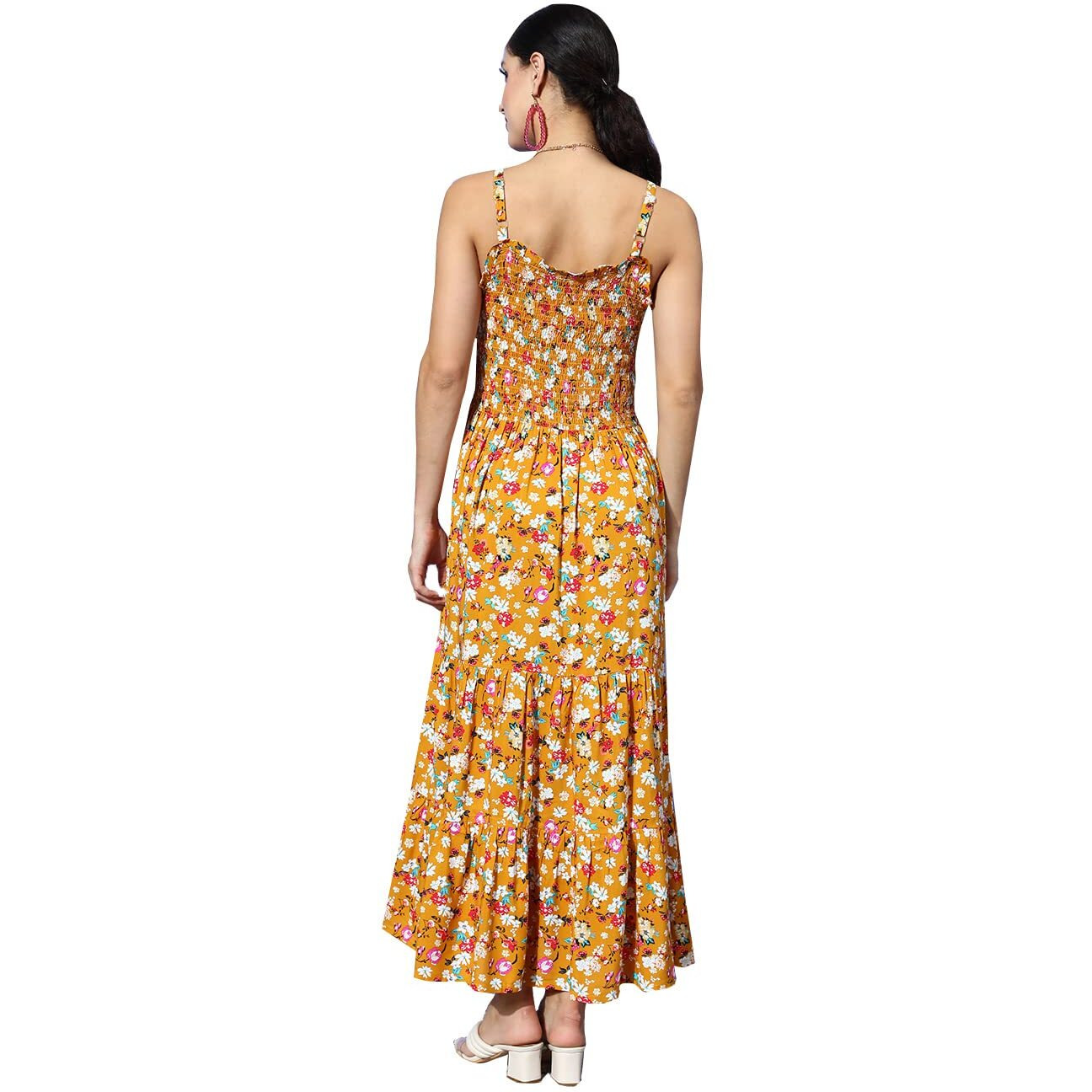 Ishin Women's Midi Polyester Printed Floral Mustard Fit & Flare Dress Inwdr0250_Ms_S_Mustard