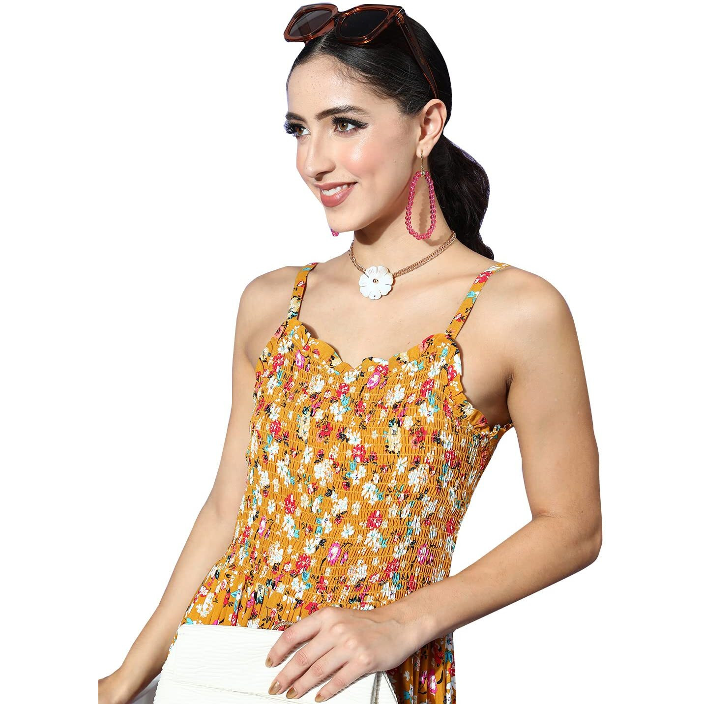 Ishin Women's Midi Polyester Printed Floral Mustard Fit & Flare Dress Inwdr0250_Ms_S_Mustard