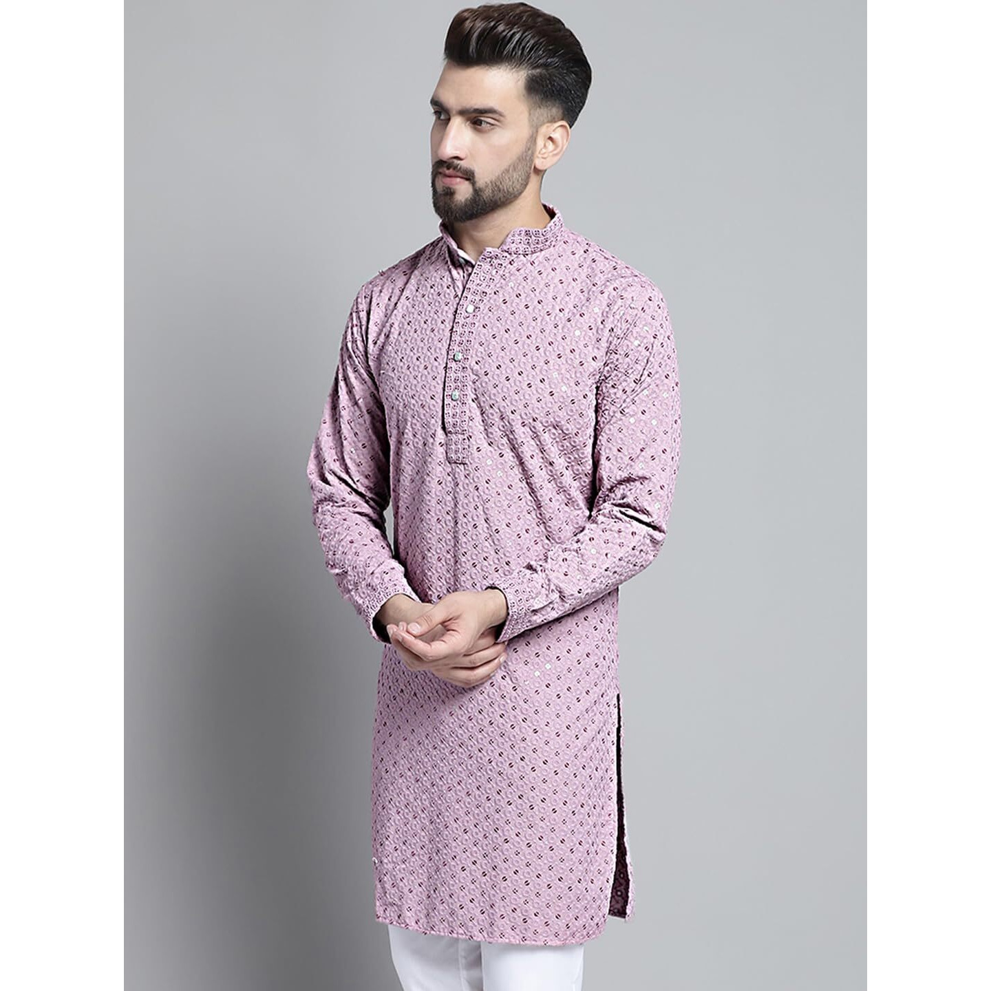 Jompers Men's Chikankari Embroidered And Sequence Kurtas (Light-Purple, M)