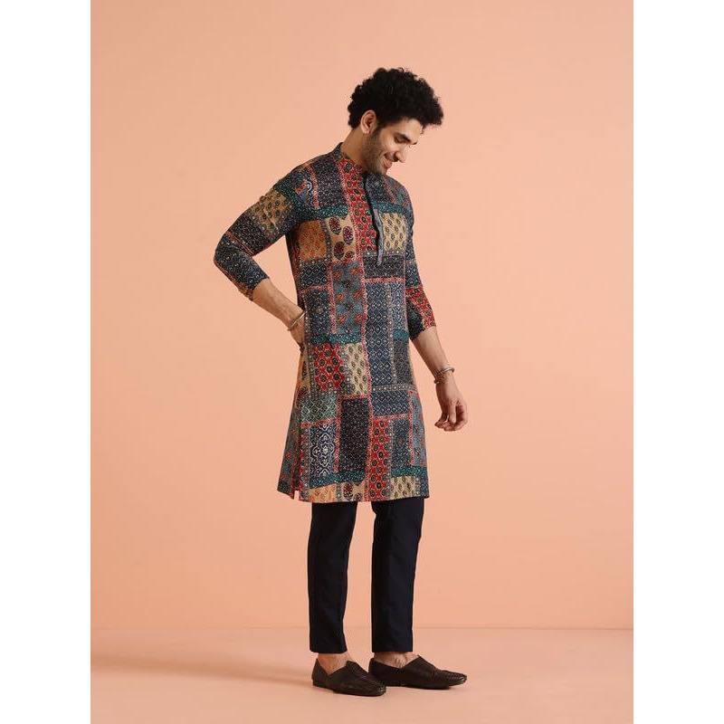 Kisah Cotton Blend Kurta Trouser Set For Men | Mens Long Sleeve Kurta With Pant Set Mens Ethnic Collections-Ka-0779-T306-40-Multi