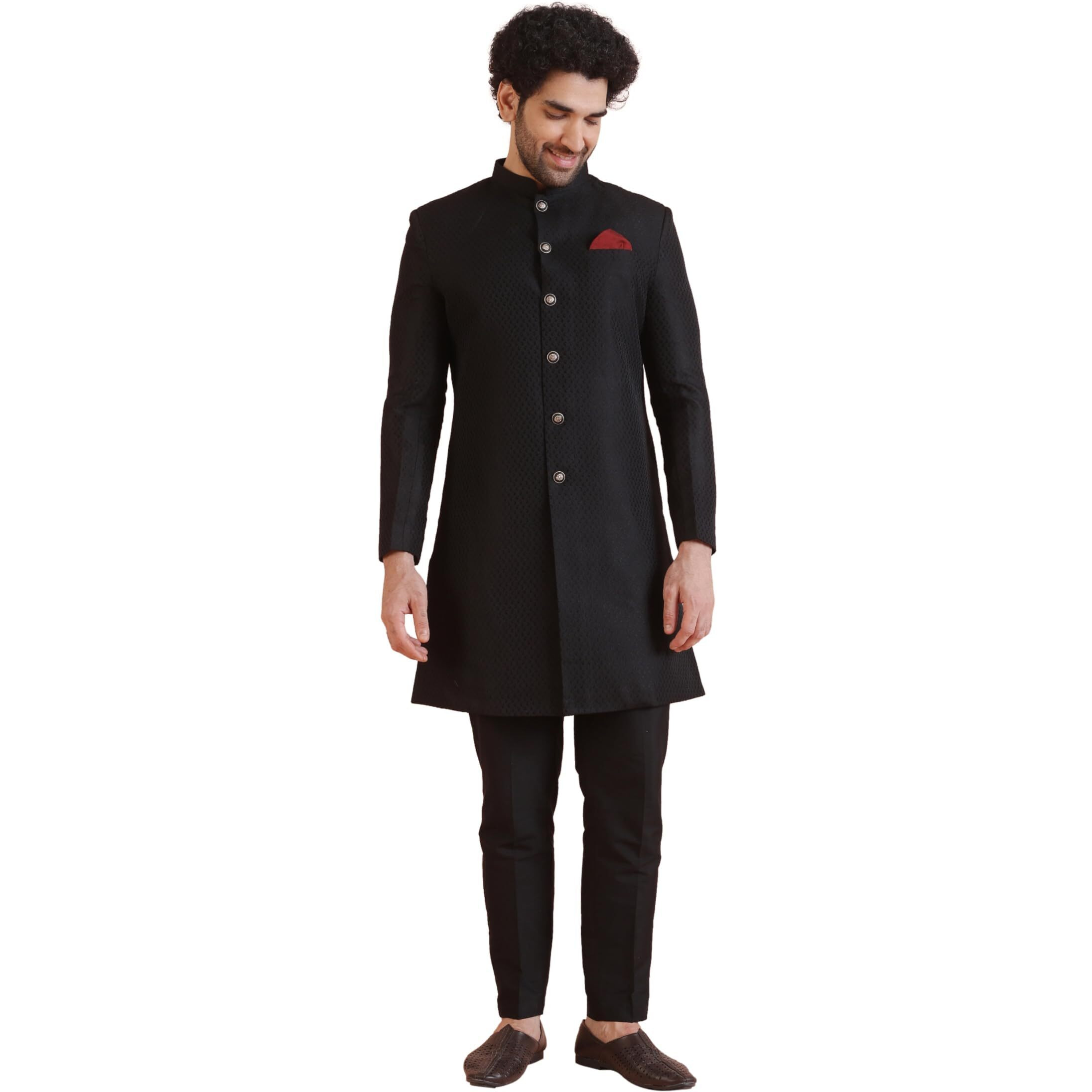Kisah Men's Indo-Western Sherwani Trouser Set, Black Jacquard, Woven Design Regular Fit Mandarin Collar Long Sleeves (44)