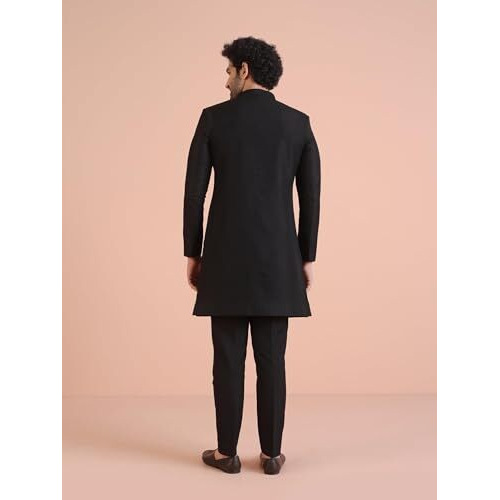 Kisah Men's Indo-Western Sherwani Trouser Set, Black Jacquard, Woven Design Regular Fit Mandarin Collar Long Sleeves (44)