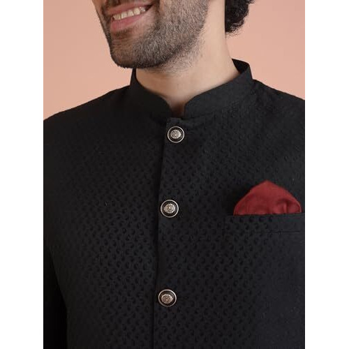 Kisah Men's Indo-Western Sherwani Trouser Set, Black Jacquard, Woven Design Regular Fit Mandarin Collar Long Sleeves (44)