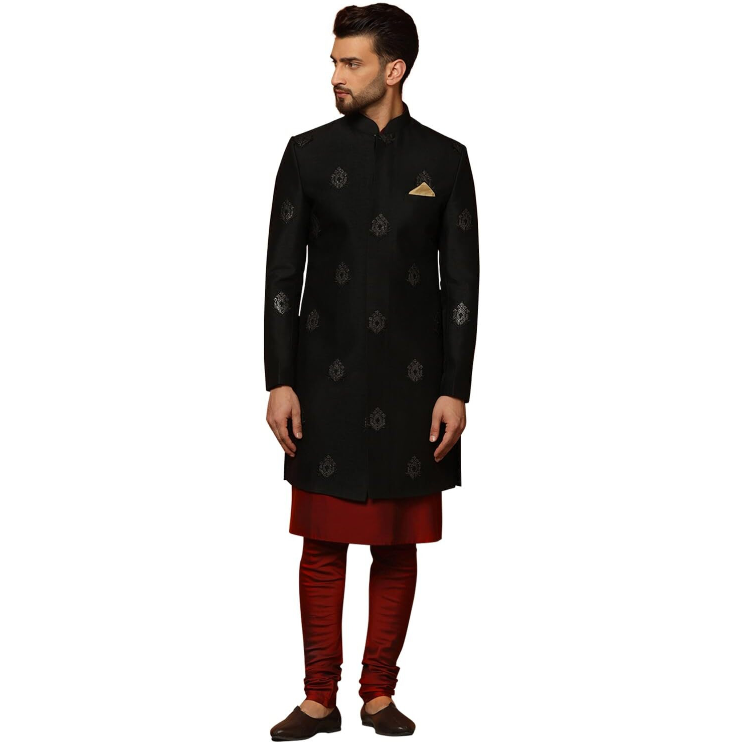 Kisah Men's Black And Maroon Indo-Western Kurta Sherwani Churidar Set Cotton Silk Full Sleaves, Knee Length, Straight, Regular Fit, Mandarin Collar Ethnic Casual