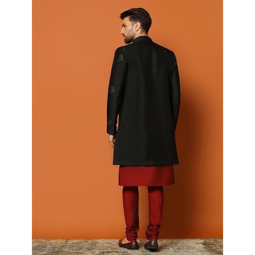 Kisah Men's Black And Maroon Indo-Western Kurta Sherwani Churidar Set Cotton Silk Full Sleaves, Knee Length, Straight, Regular Fit, Mandarin Collar Ethnic Casual