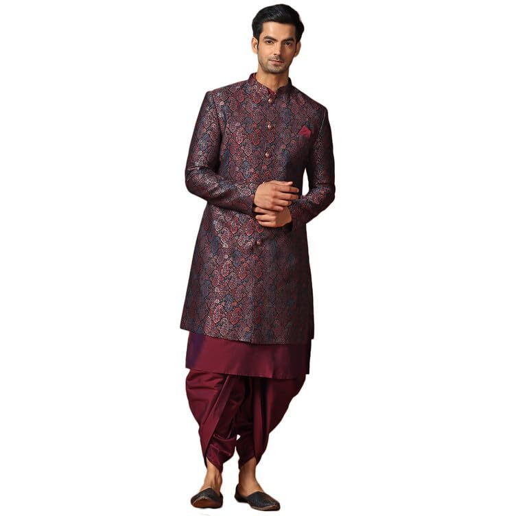Kisah Sherwani Set For Men  Silk Blend Jacquard Indo Western Sherwani With Kurta And Dhoti | Designer Ethnic Outfit For Weddings & Festivals, Multi, 38