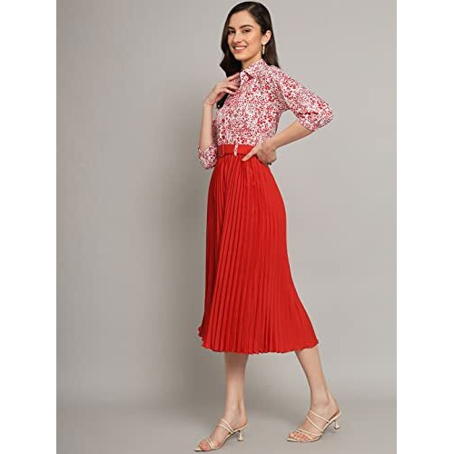 Kzully Women's Print 3/4 Sleeve Pleated Midi Dress With Belt Red