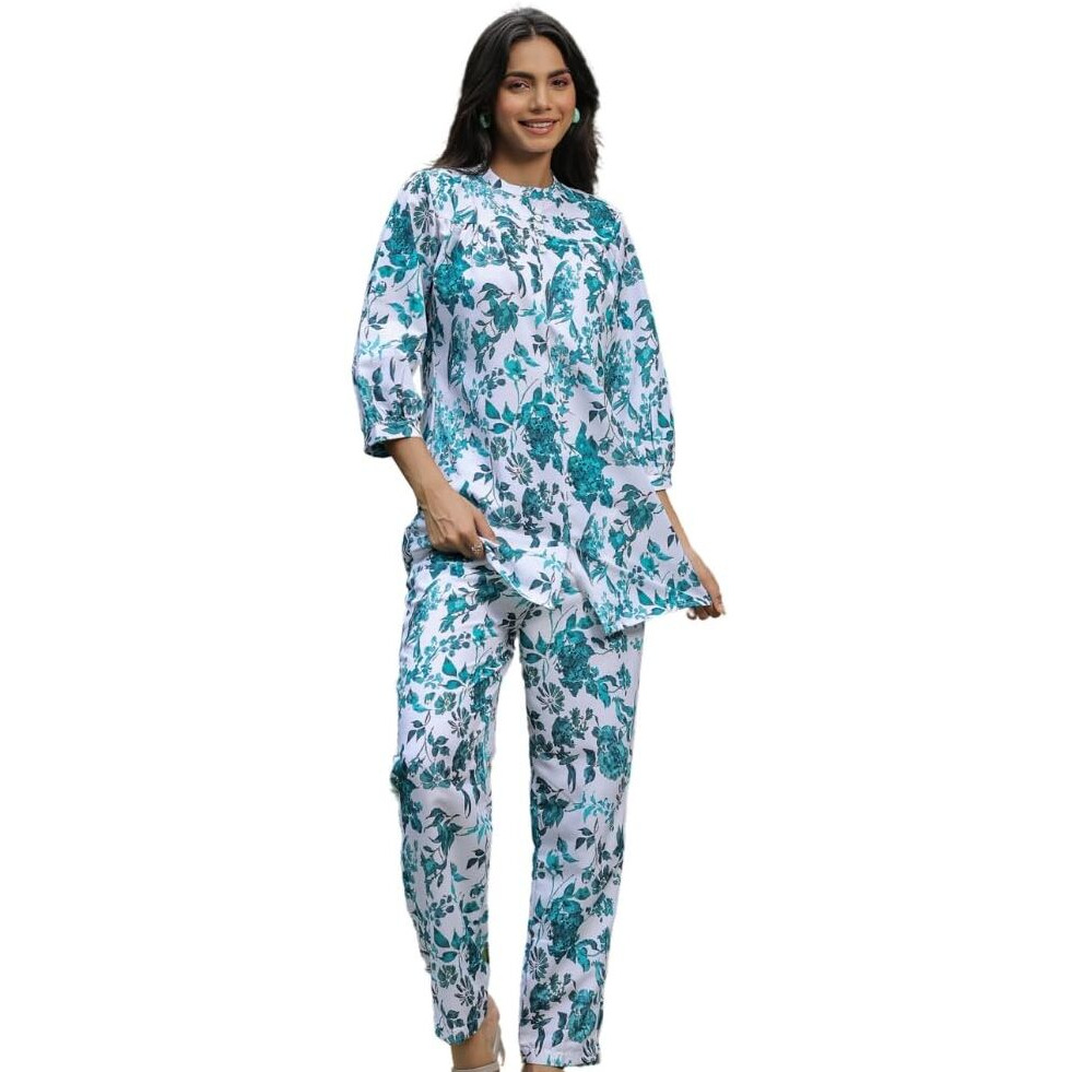 Leriya Fashion Women Ethnic Kurta Set | Rayon Co-Ord Set | Fancy Pajama Set | Pack Of 2 | Floral Printed Top & Pant Set | Full Pair Set | A-Line Kurta Set For Women (Xx-Large, White)