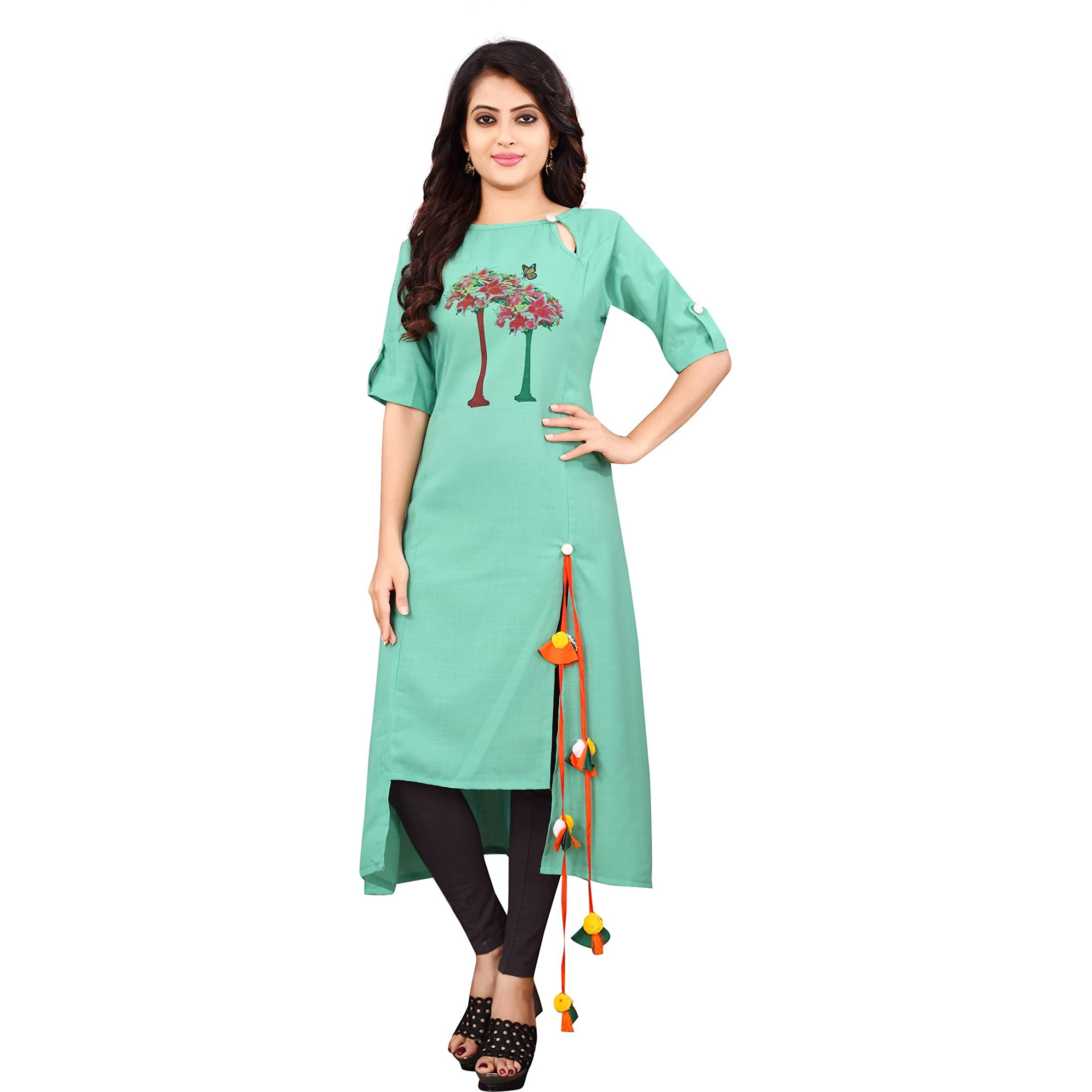 Leriya Fashion Women's Rayon Fully Stitched Printed Kurti/Kurta And Bottom Set With Pent (Leggings) For Women & Girls (White_Large) (X-Large, Turquoise)