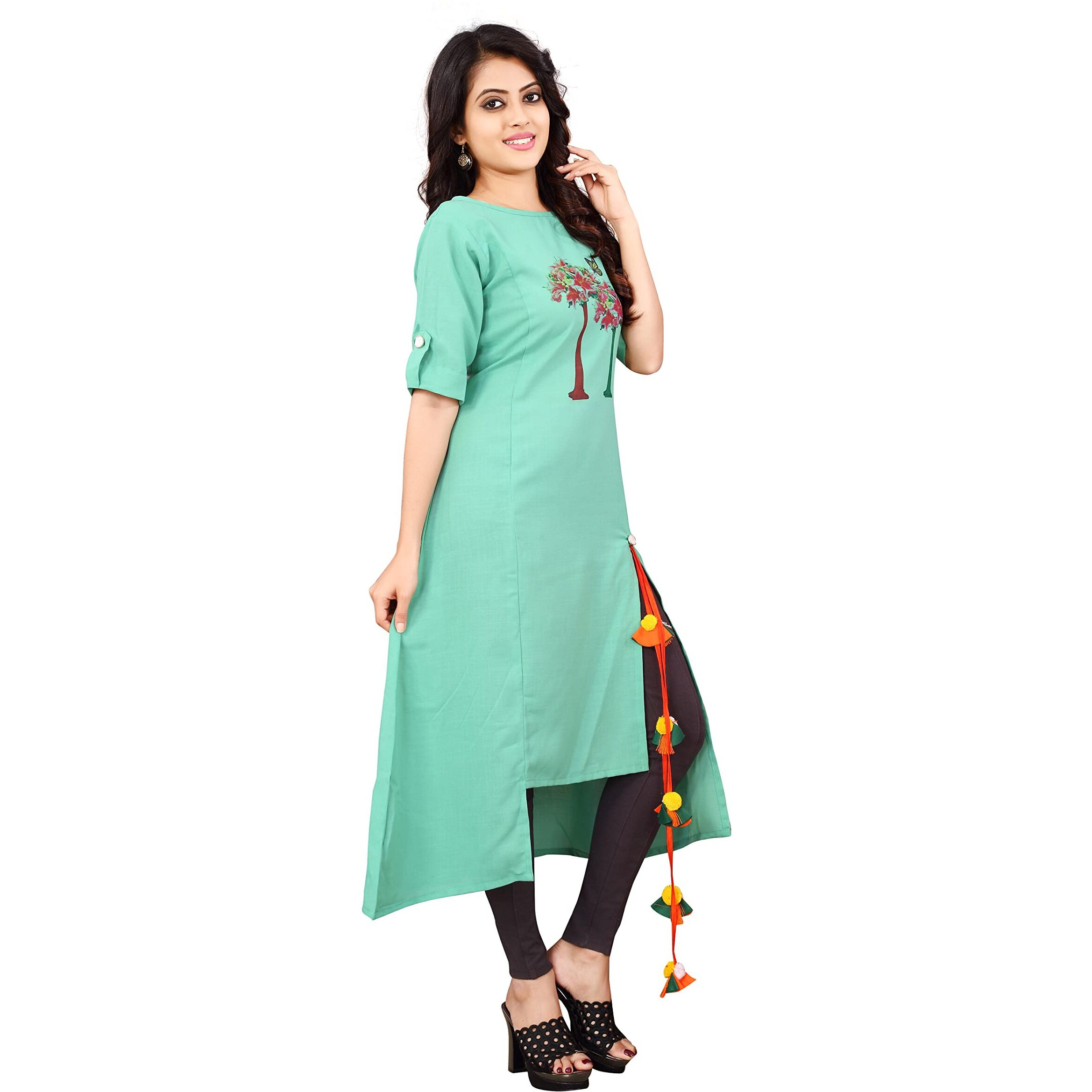 Leriya Fashion Women's Rayon Fully Stitched Printed Kurti/Kurta And Bottom Set With Pent (Leggings) For Women & Girls (White_Large) (X-Large, Turquoise)