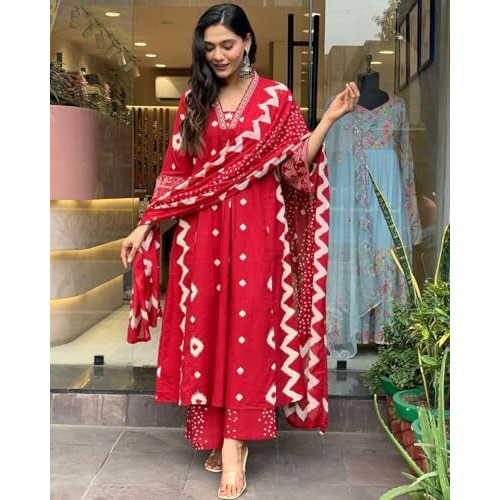 Lookmark Women's Cotton Blend Zigzag And Dotted Print Kurta Plazzo Set With Dupatta Suitable For Every Indian Occasion (Az-Lm-Og-Ks2174 Red-Xl)