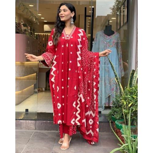 Lookmark Women's Cotton Blend Zigzag And Dotted Print Kurta Plazzo Set With Dupatta Suitable For Every Indian Occasion (Az-Lm-Og-Ks2174 Red-Xl)