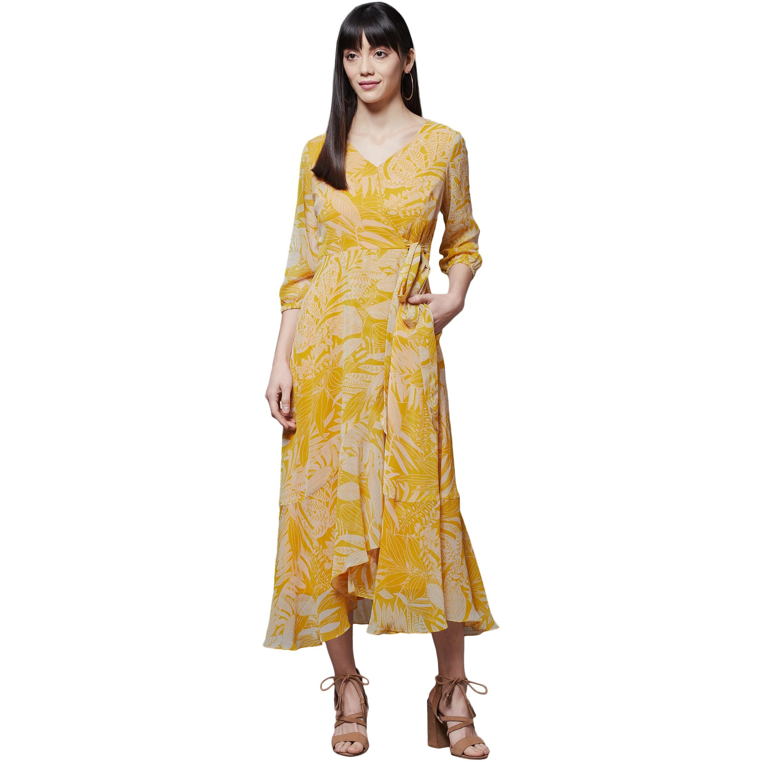 Miss Chase Women's Yellow & White V Neck Full Sleeve Floral Layered Maxi Dress (Mcaw21D14-94-37-02, Yellow & White, Xs)