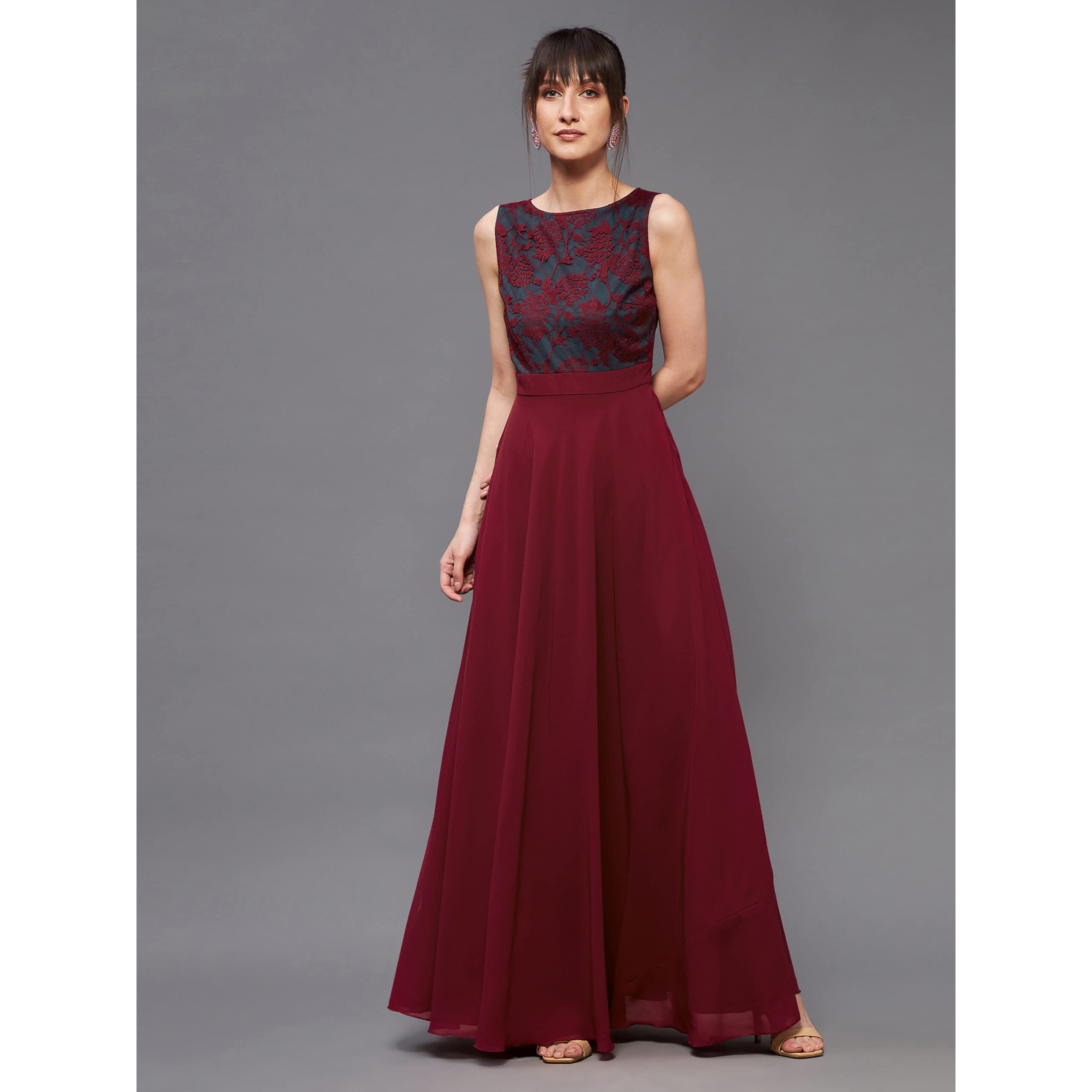 Miss Chase Women's Round Neck Sleeveless Georgette Floral Lace Fit & Flare Maxi Dress Maroon