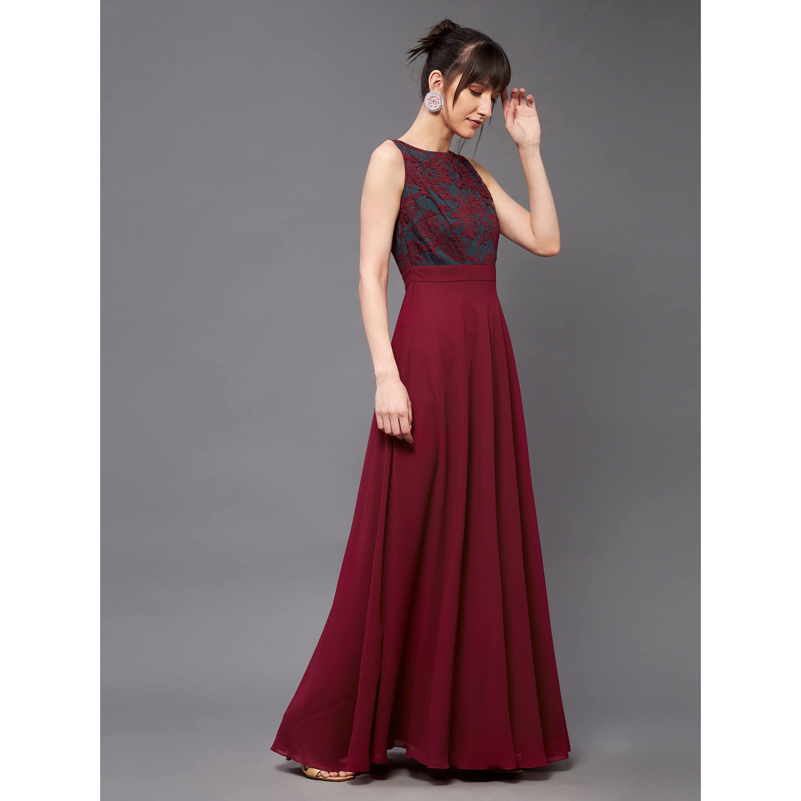 Miss Chase Women's Round Neck Sleeveless Georgette Floral Lace Fit & Flare Maxi Dress Maroon