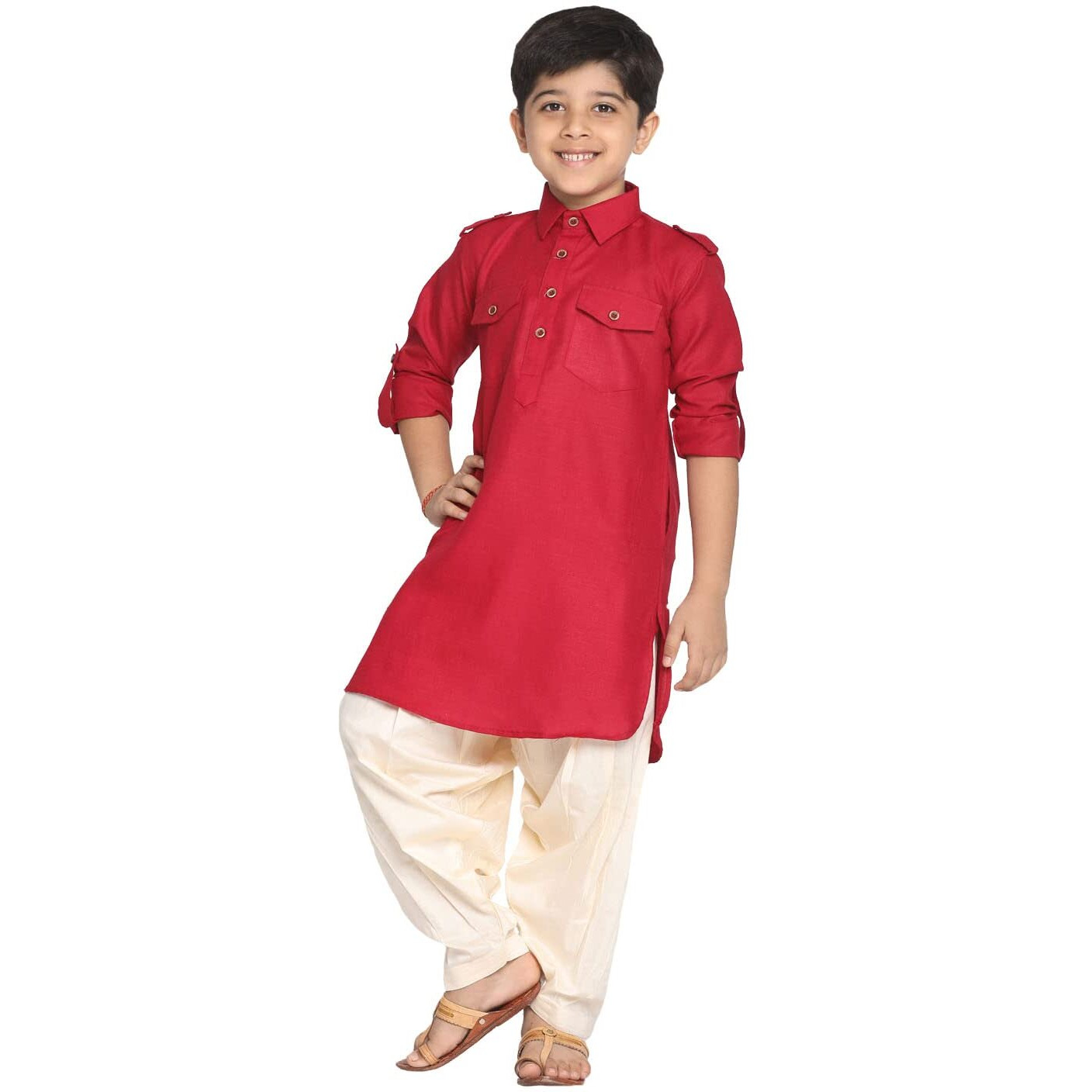 Jbn Creation Boys' Maroon Cotton Blend Pathani Suit Set