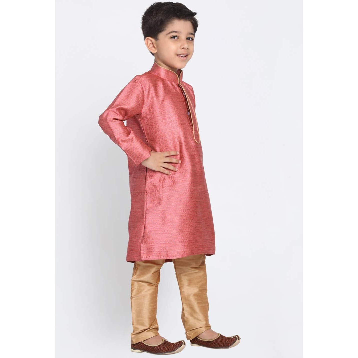 Jbn Creation Boys' Bubble Gum Pink And Rose Gold Silk Blend Kurta And Pyjama Set_Vasbk047Pnnprg_28