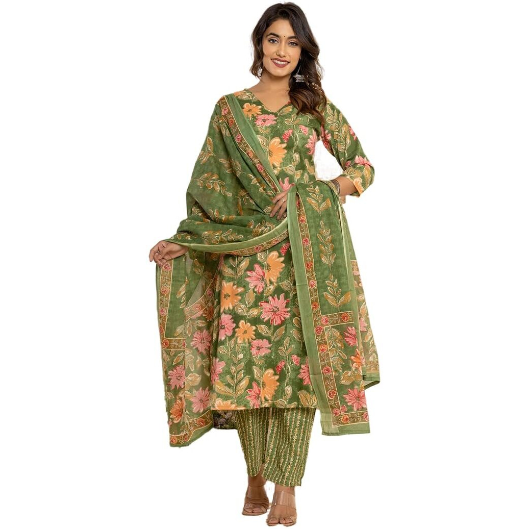 Nainvish Women's Viscose Rayon Printed Straight V-Neck Kurta Pant With Dupatta (Sd711_Kbd-M_Green)