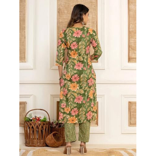 Nainvish Women's Viscose Rayon Printed Straight V-Neck Kurta Pant With Dupatta (Sd711_Kbd-M_Green)