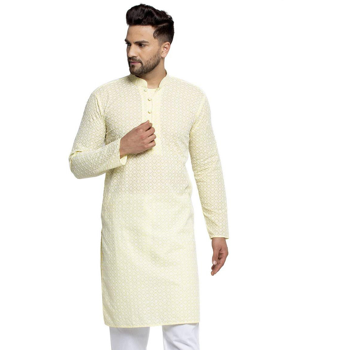 Jompers Men's Embroidered Pure Cotton Kurta. (Yellow,S)