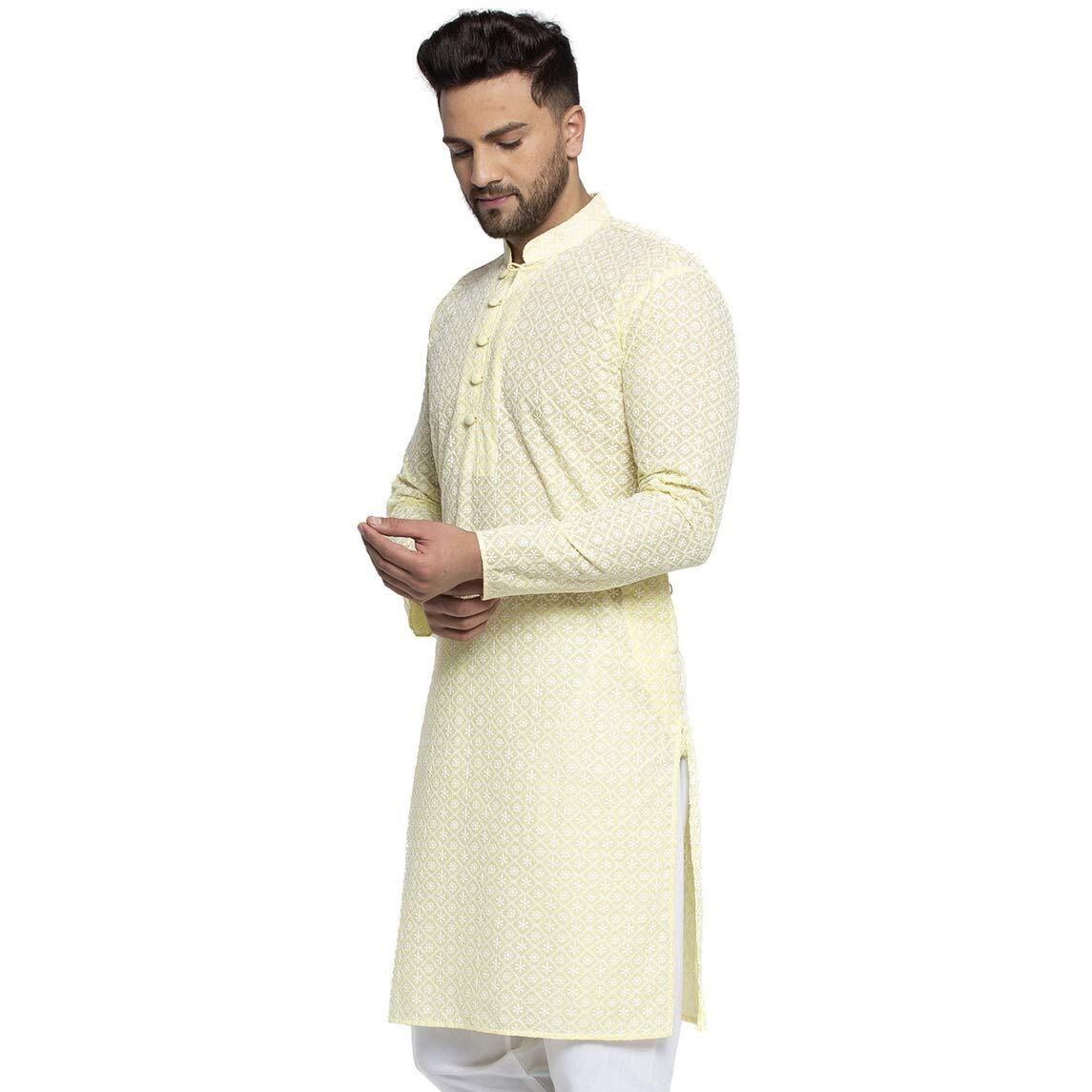 Jompers Men's Embroidered Pure Cotton Kurta. (Yellow,S)