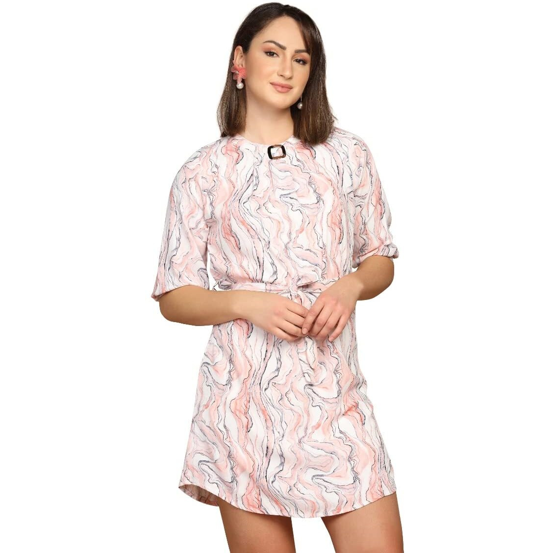 Om Sai Latest Creation Western Dress For Women || Rayon Marble Printed Short Dresses For Women || Front Plated Neck With Buckle || Casual || Outing || Summer || Office Dress. (Small, Orange)