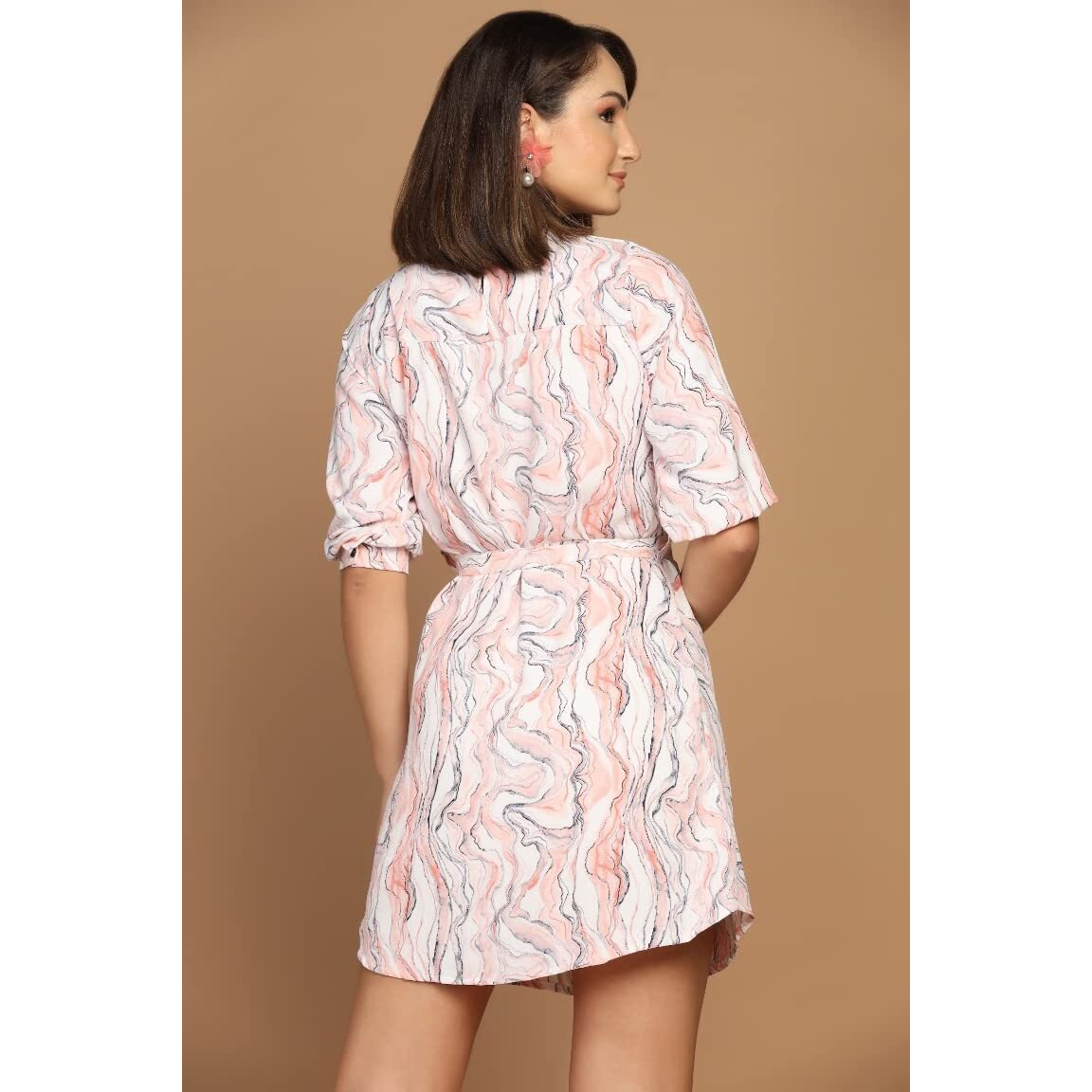 Om Sai Latest Creation Western Dress For Women || Rayon Marble Printed Short Dresses For Women || Front Plated Neck With Buckle || Casual || Outing || Summer || Office Dress. (Small, Orange)