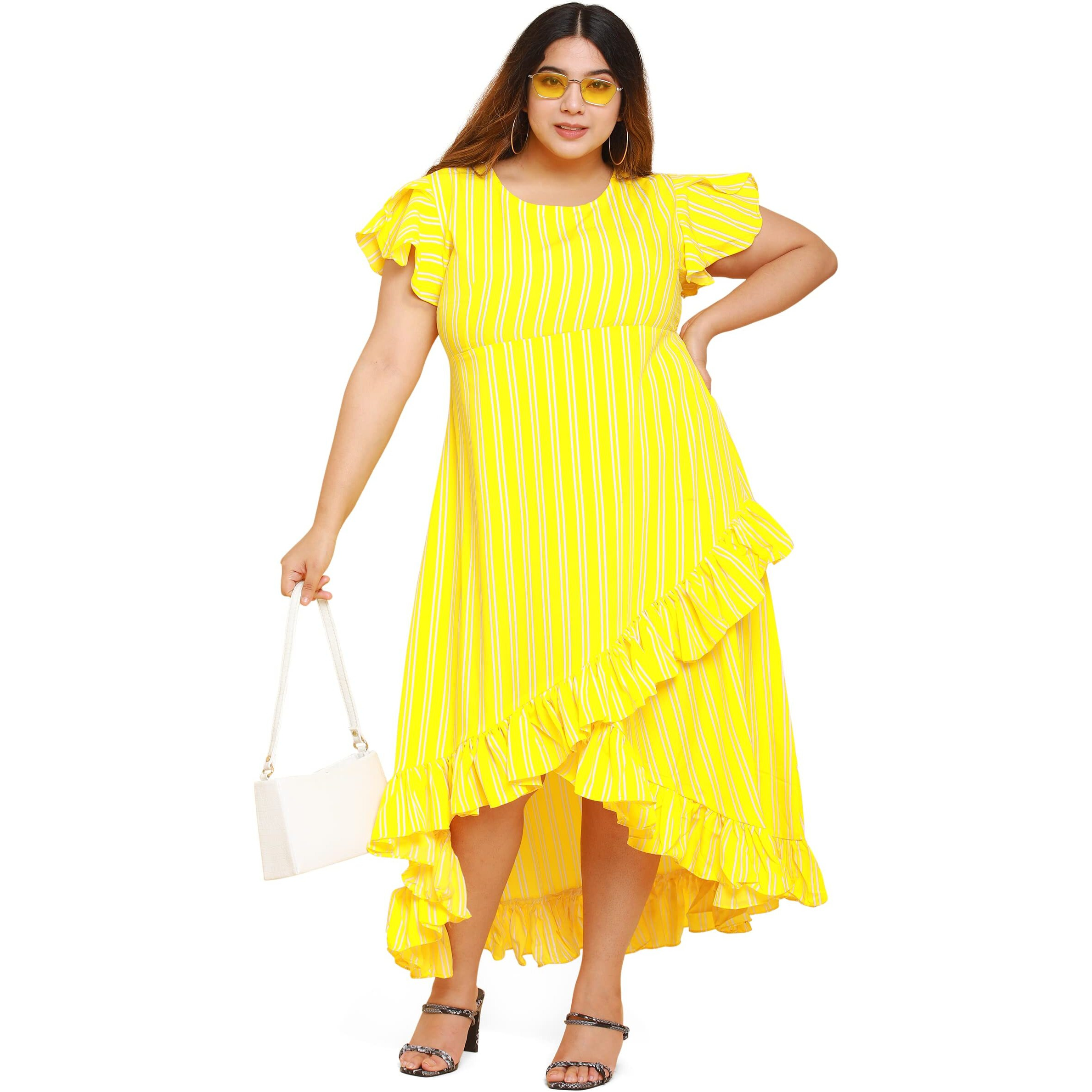 Oomph Dress For Women Stylish| Summer Vacation Style |Floral Print Wrap Maxi |Lightweight Flared Maxi Dress For Casual & Holiday Wear Yellow