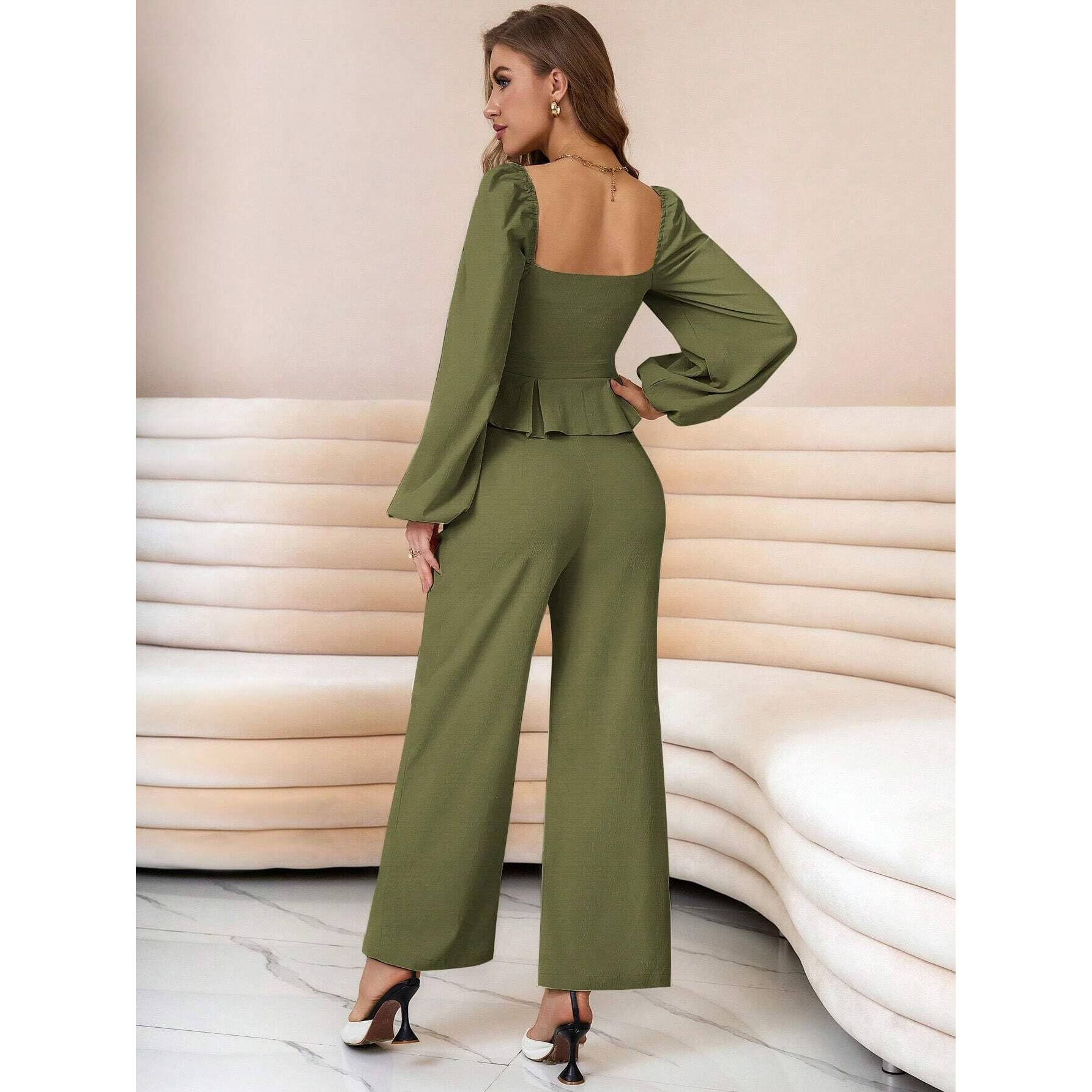 Kotty Women's Solid Relaxed Fit Full Sleeve Co-Ord Top And Trouser Set. Olive Green