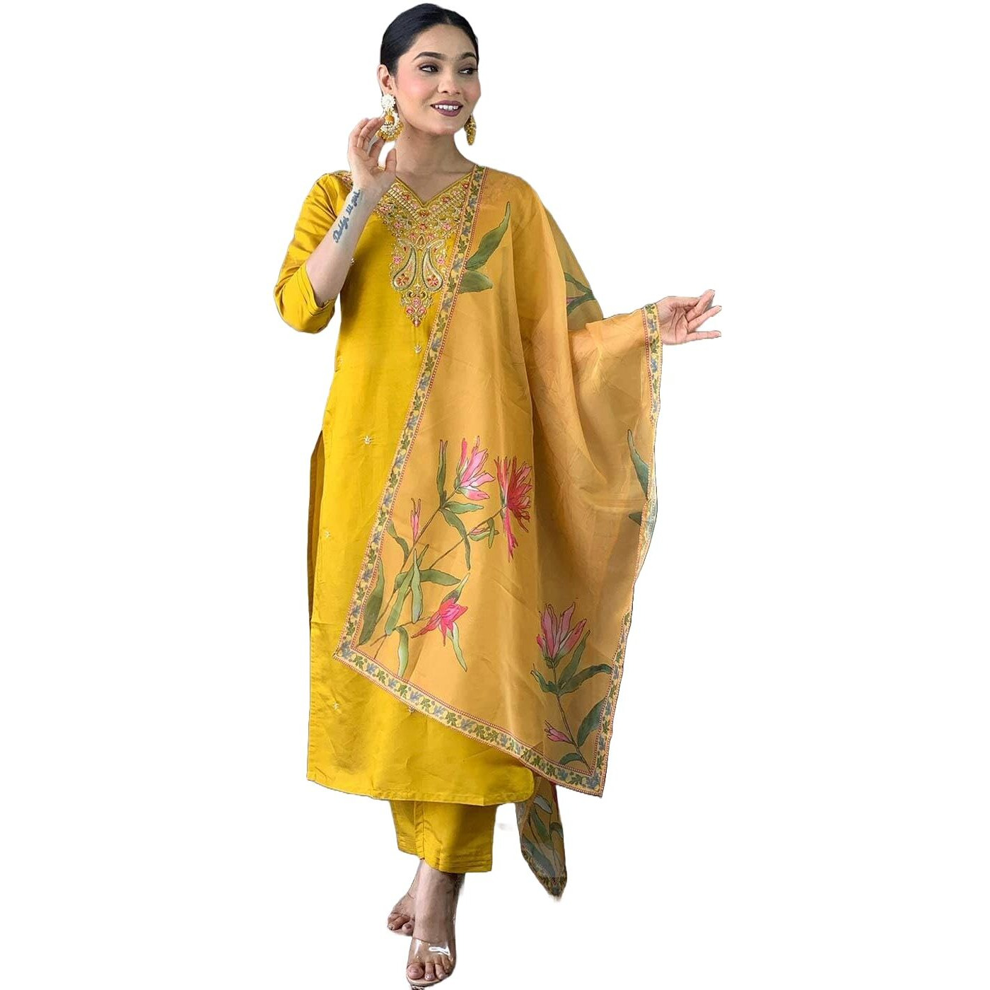 Lookmark Women's Embroidered Poly Viscose Straight Kurta With Pant And Printed Dupatta (Az-Lm-Og-Ks2196-M) Yellow