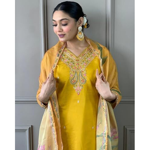 Lookmark Women's Embroidered Poly Viscose Straight Kurta With Pant And Printed Dupatta (Az-Lm-Og-Ks2196-M) Yellow