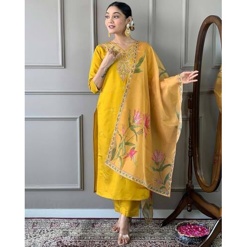 Lookmark Women's Embroidered Poly Viscose Straight Kurta With Pant And Printed Dupatta (Az-Lm-Og-Ks2196-M) Yellow