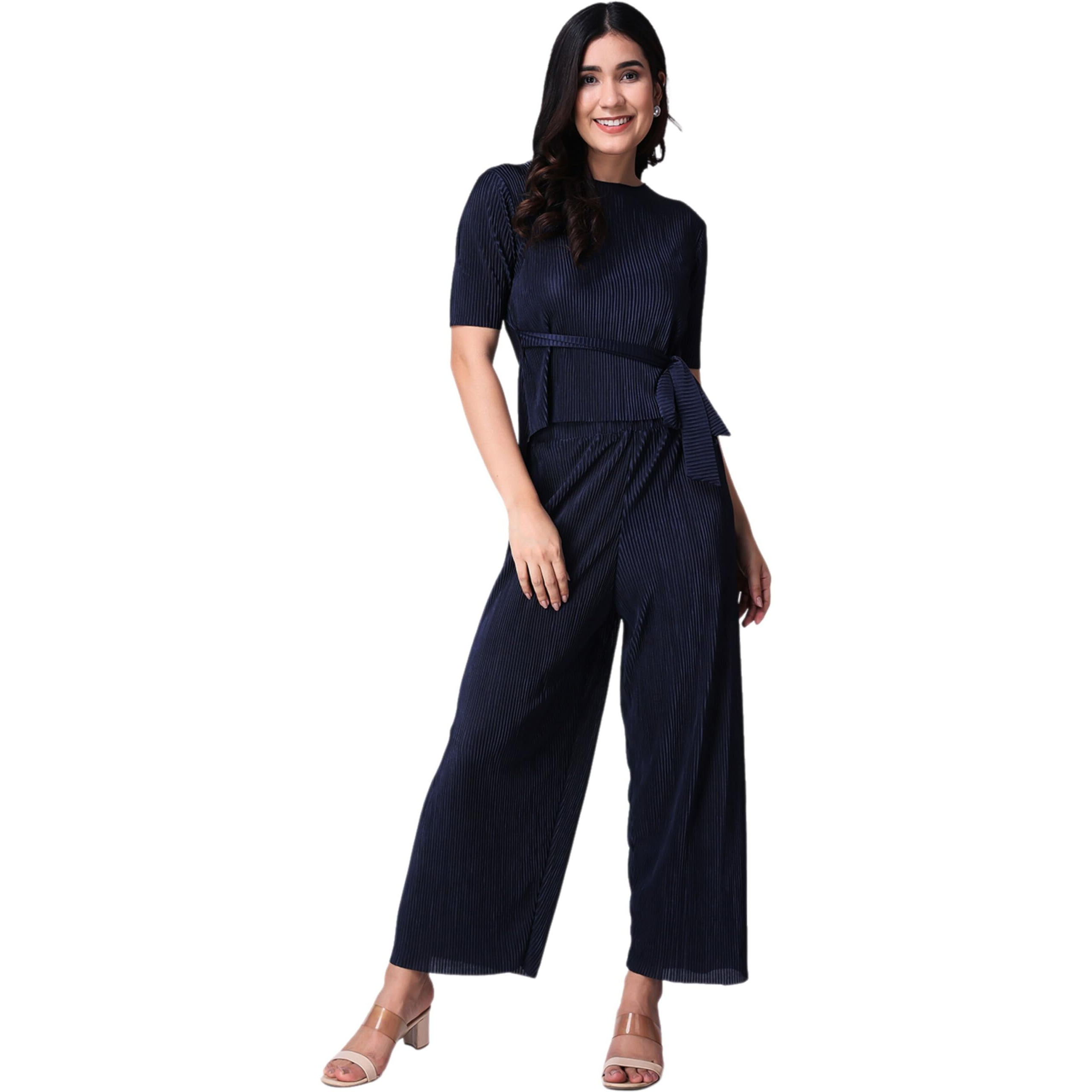 Popwings Casual Women Wrinkle Textured Navy Blue Co-Ords Set