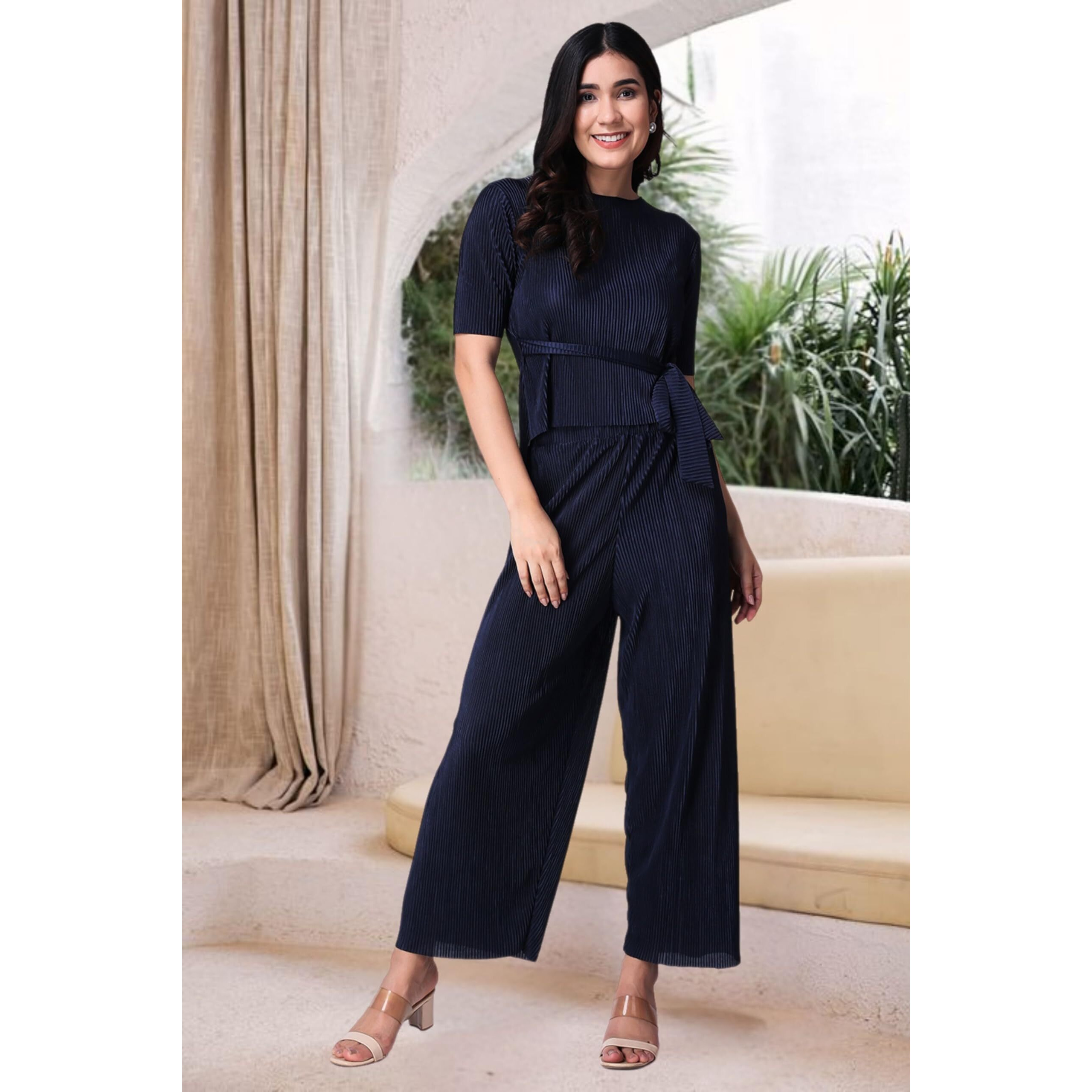Popwings Casual Women Wrinkle Textured Navy Blue Co-Ords Set
