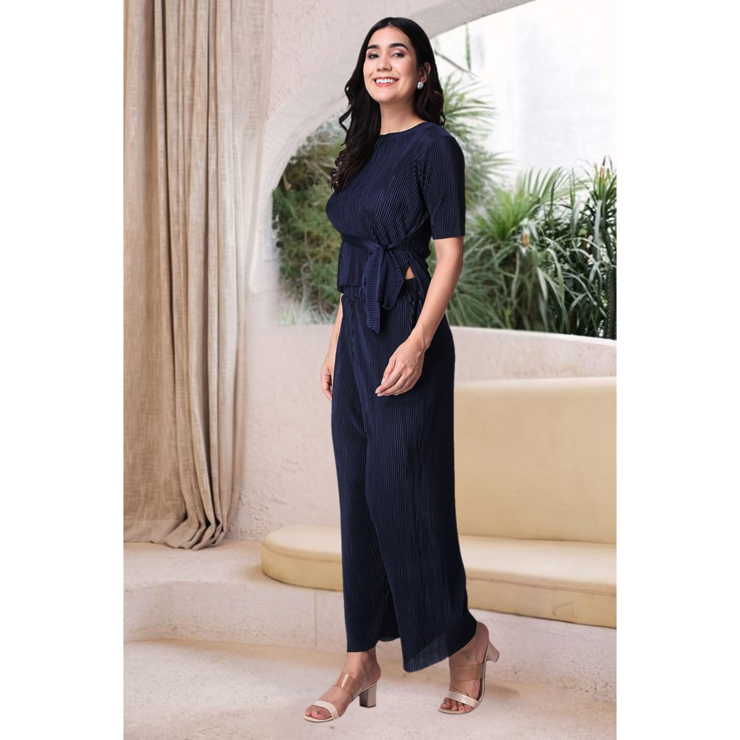 Popwings Casual Women Wrinkle Textured Navy Blue Co-Ords Set