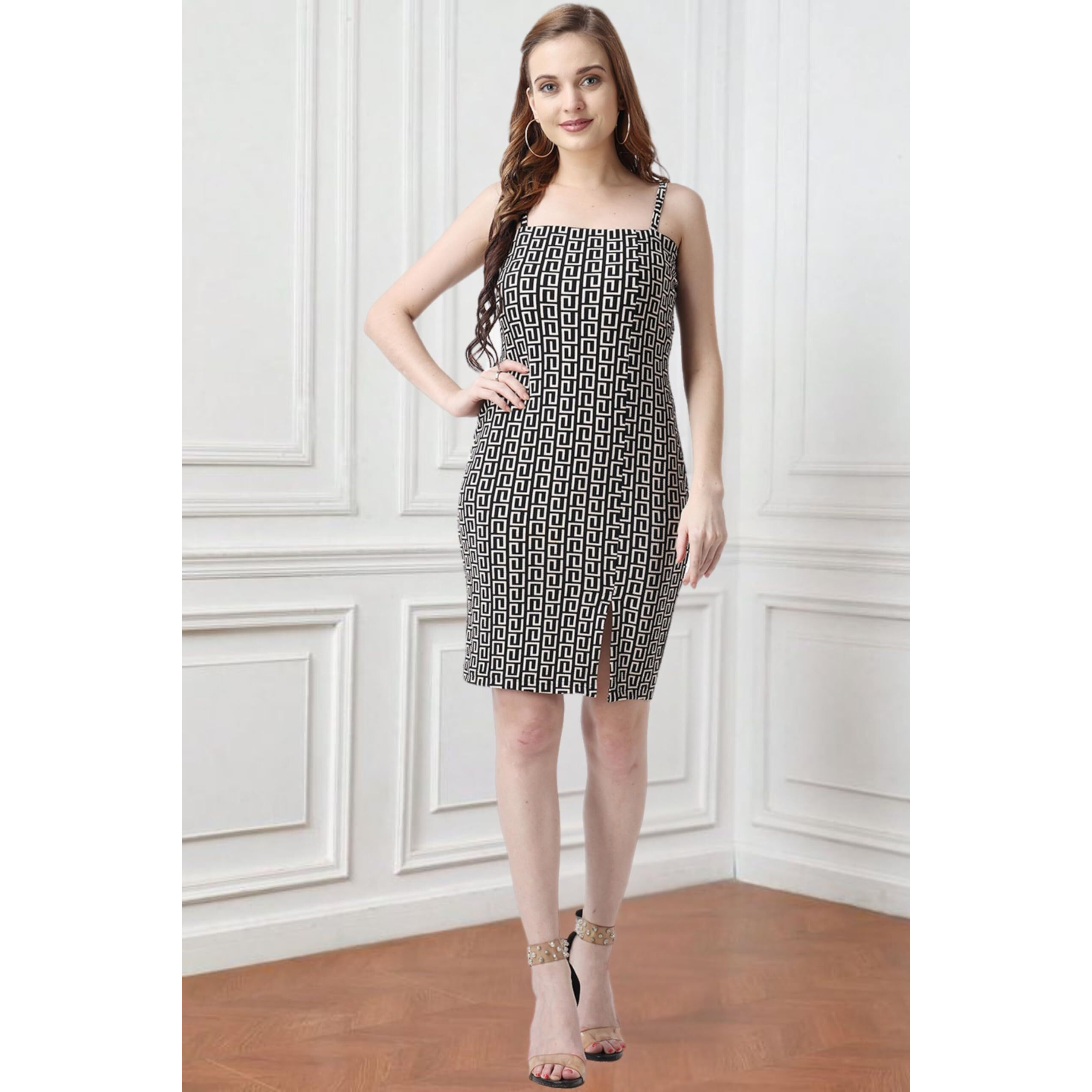 Popwings Women Casual Black & White Color Block Printed Bodycon Slit Noodle Strap Dress