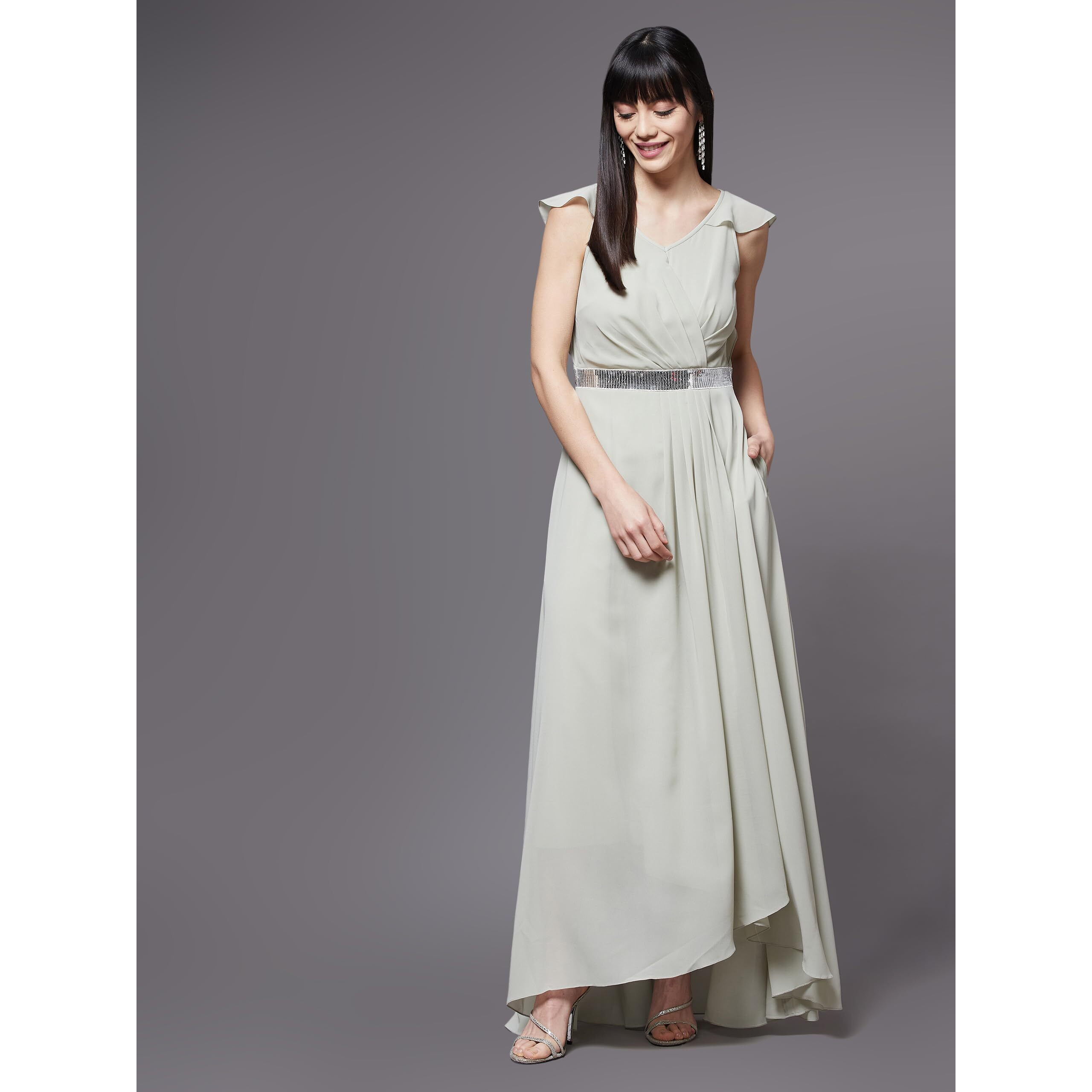 Miss Chase Women's Dusty Green V-Neck Ruffled Sleeve Solid Embellished Maxi Dress (Mcaw21D06-17-238-06, Dusty Green, Xl)