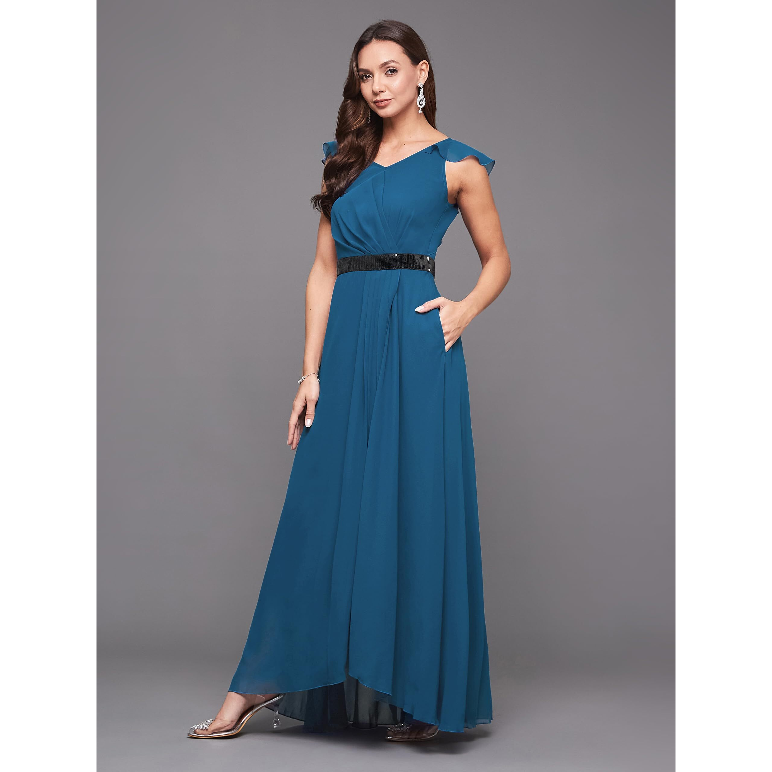 Miss Chase Women's V-Neck Ruffled Sleeve Solid Embellished Maxi Dress With Pockets (Mcaw21D06-17-229-06, Royal Blue, Xl)