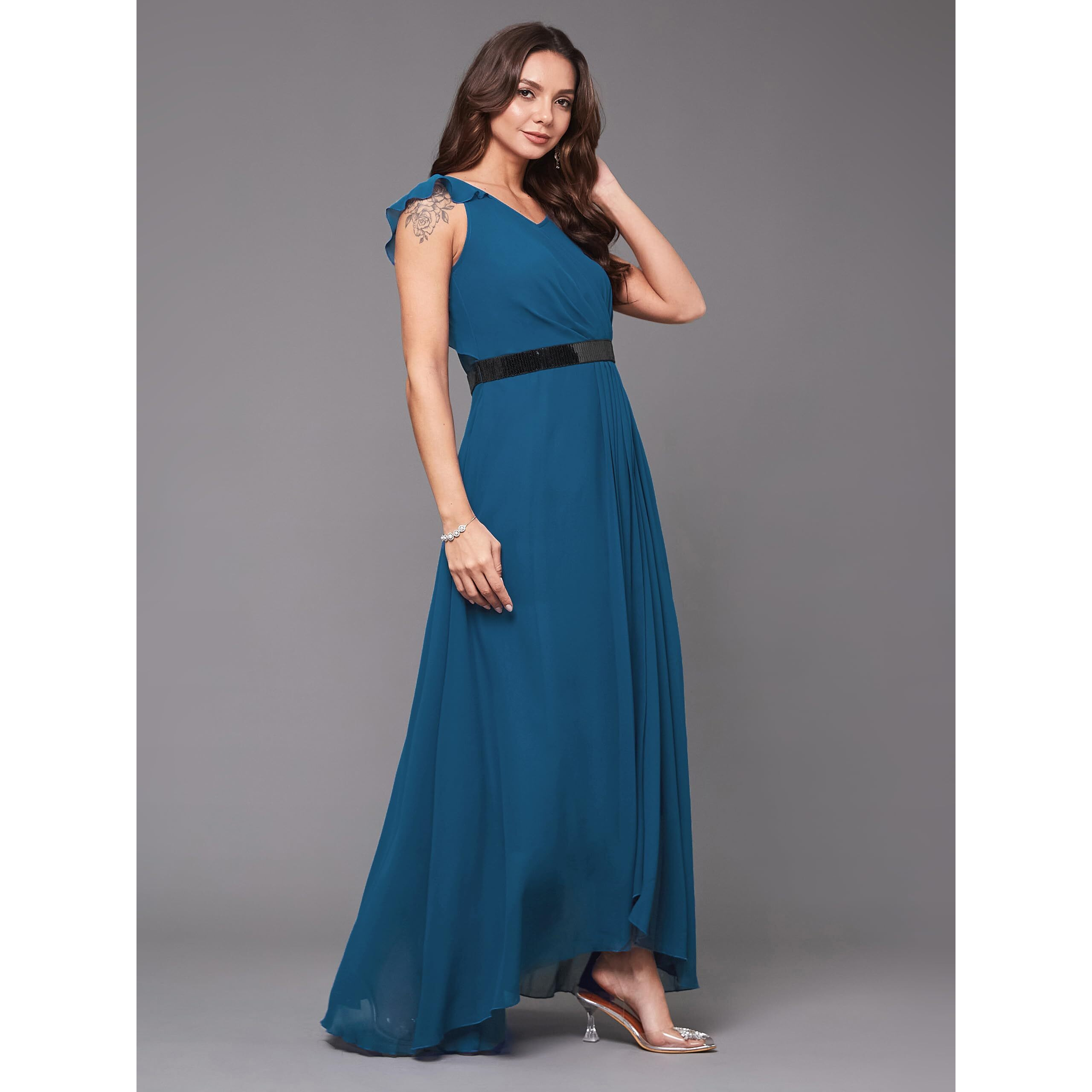 Miss Chase Women's V-Neck Ruffled Sleeve Solid Embellished Maxi Dress With Pockets (Mcaw21D06-17-229-06, Royal Blue, Xl)