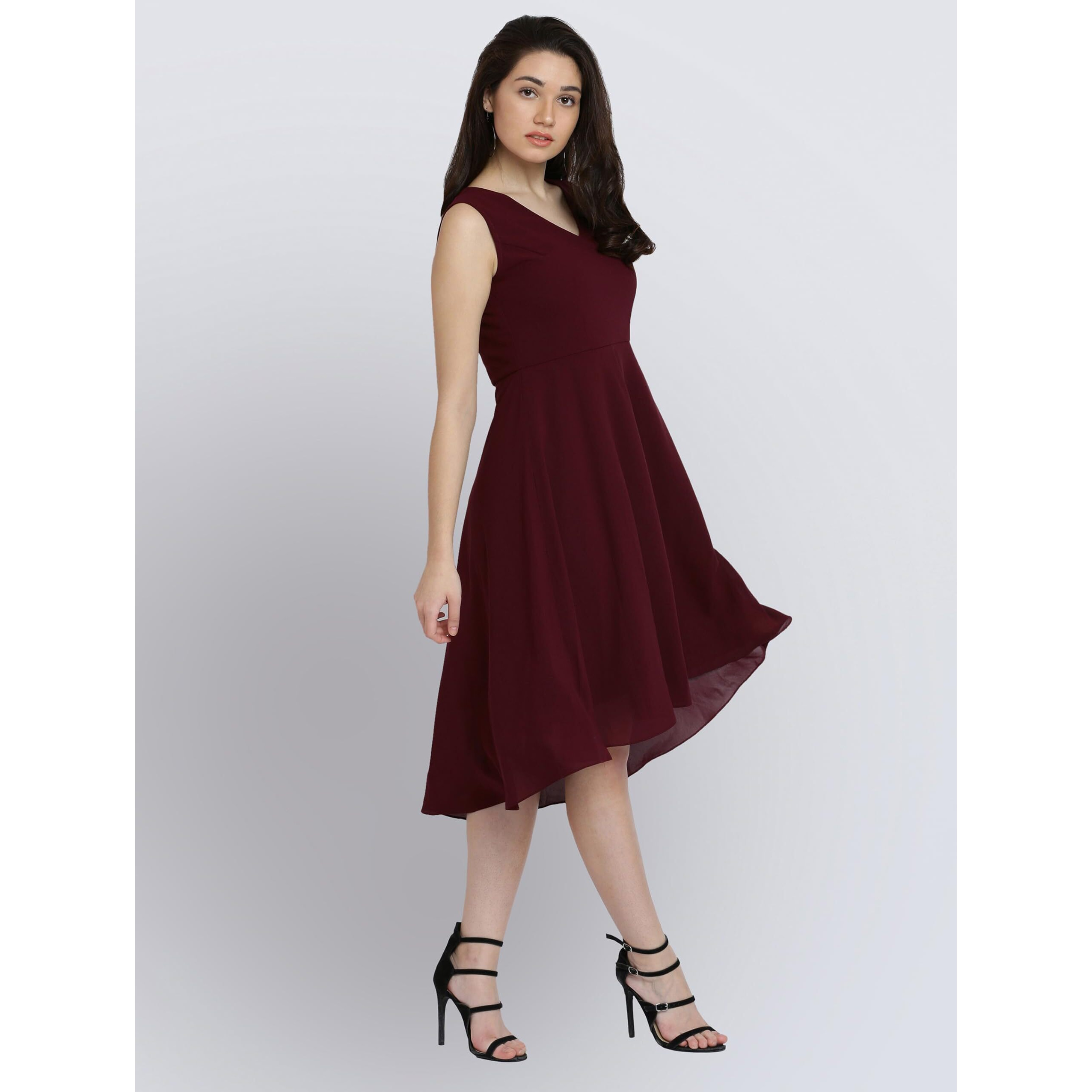 Miss Chase Women's Wine Red High-Low Midi Skater Dress(Mcaw17D10-34-56-05_Wine Red_Large)