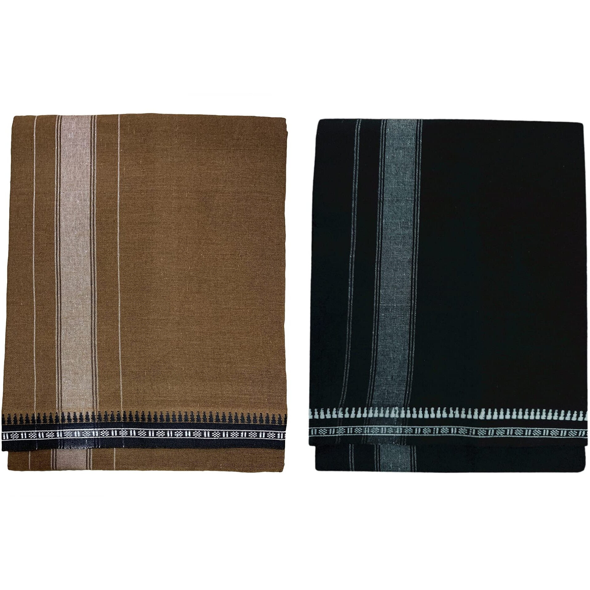 Prakasam Cotton Fine Quality Mens Kerala Style Thalapathi Border Single (1.28X2.00 Mtrs) -Dhoti-Kerala Single Mundu (Pack Of 2 Dhoties)- BlackKaaki