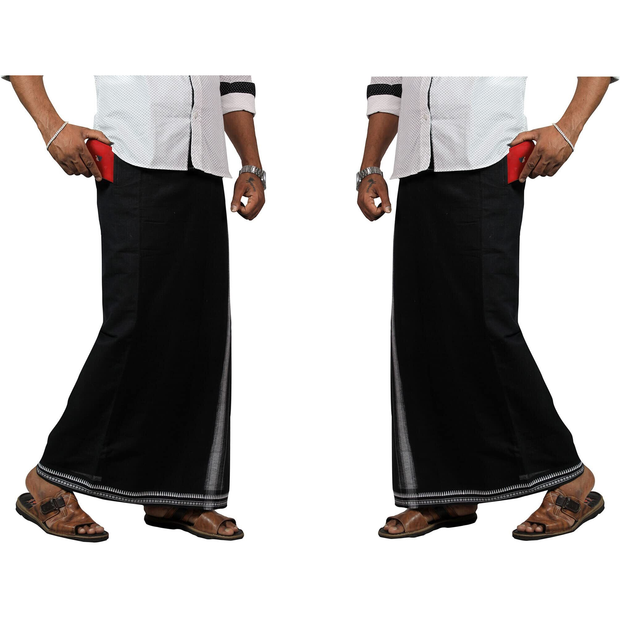 Prakasam Cotton Mens Thalapathi 2Way Pocket (Right &Left Side) Flexi Size (Adjustable) Welcro Single Colour Dhoti With 2 Side Pocket (Small, Black)