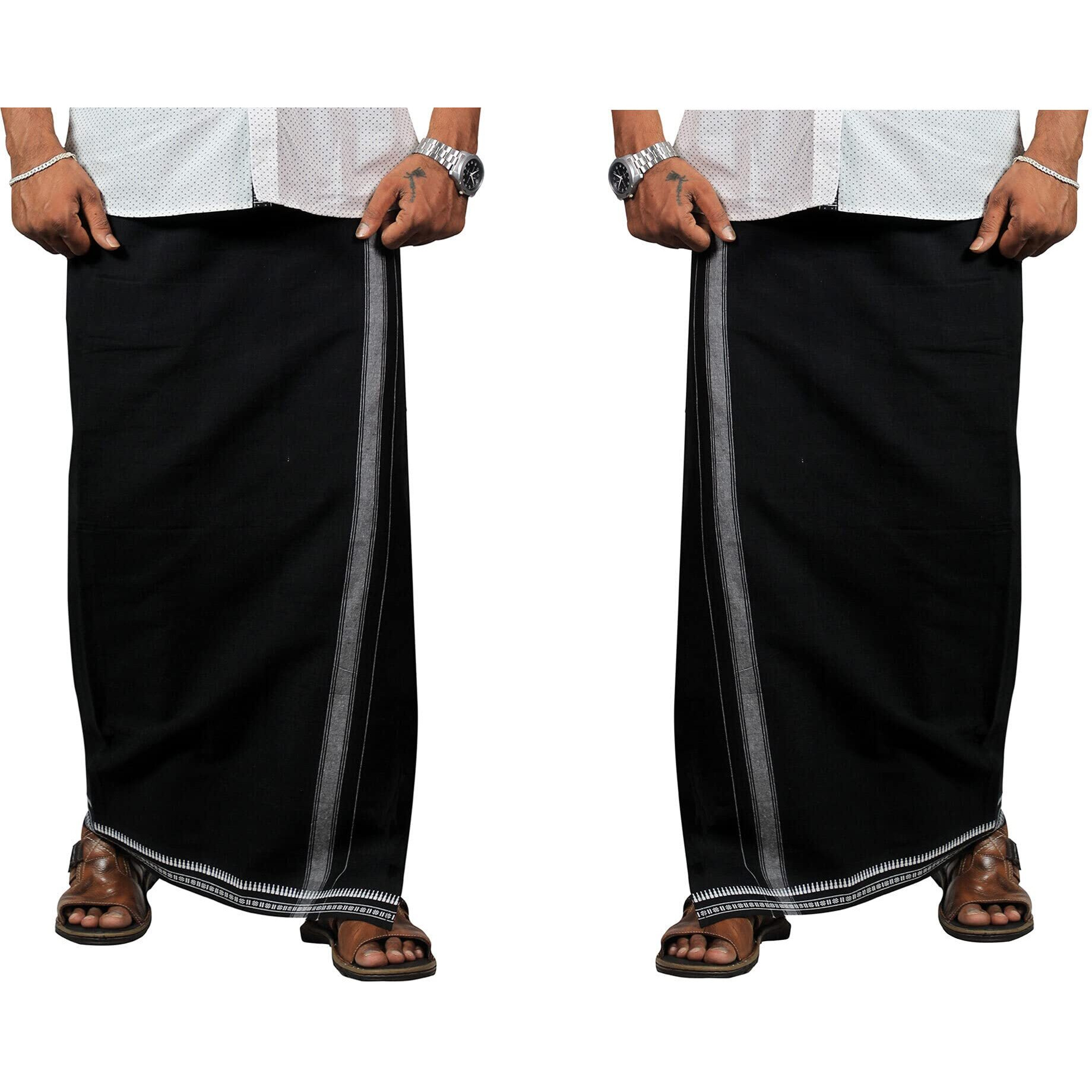 Prakasam Cotton Mens Thalapathi 2Way Pocket (Right &Left Side) Flexi Size (Adjustable) Welcro Single Colour Dhoti With 2 Side Pocket (Small, Black)