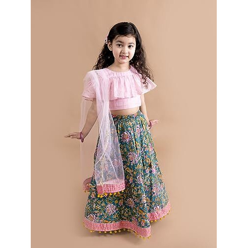 Pspeaches Girl's Blue Pink Cotton Readymade Lehenga Choli Set (Blue-12-14Y)