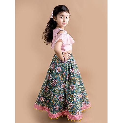 Pspeaches Girl's Blue Pink Cotton Readymade Lehenga Choli Set (Blue-12-14Y)