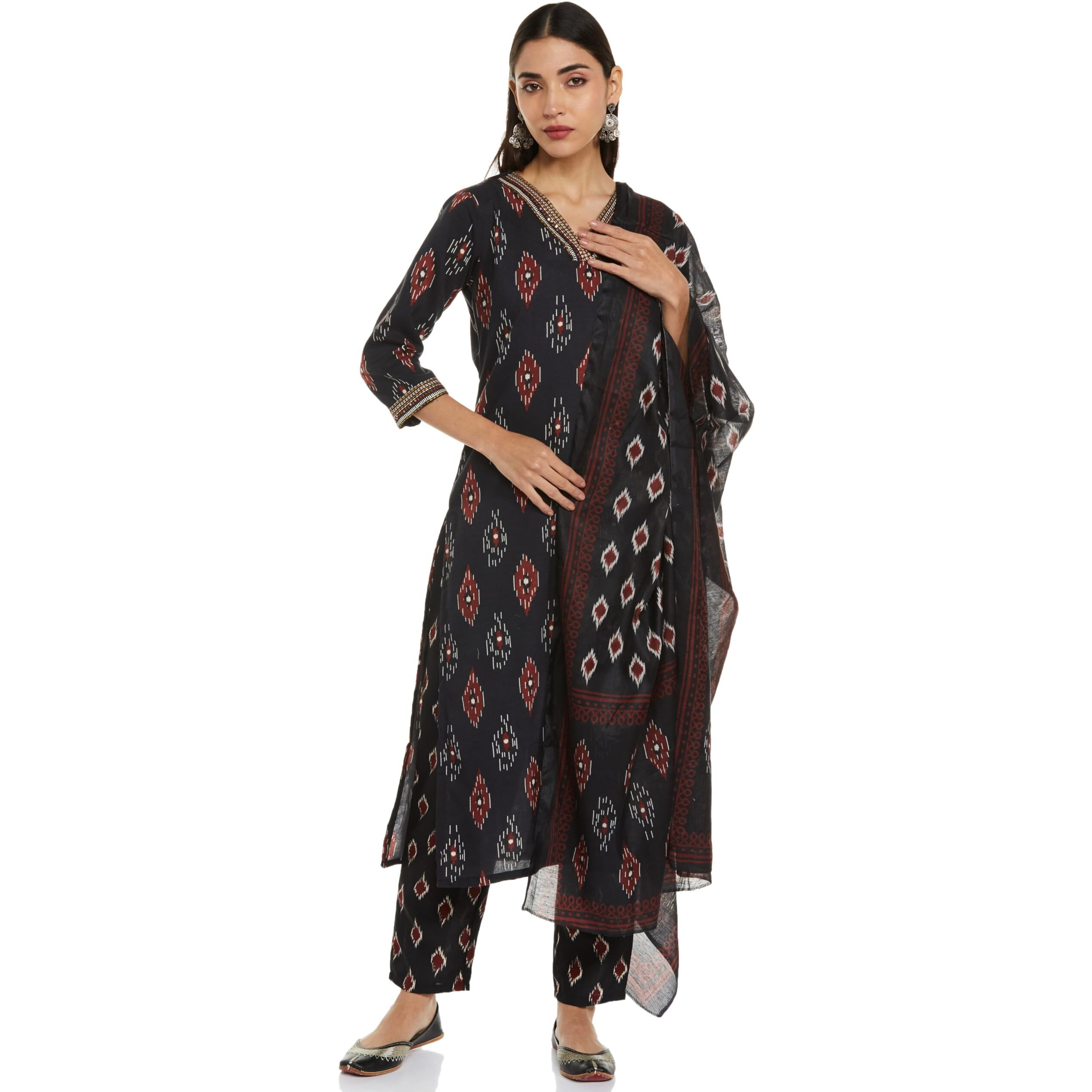 Nermosa Women Ikat Printed Viscose Kurta And Pant Set With Dupatta For Traditional Look (Black) (Small)