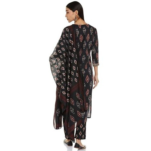 Nermosa Women Ikat Printed Viscose Kurta And Pant Set With Dupatta For Traditional Look (Black) (Small)