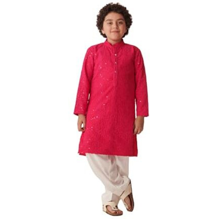 Pspeaches Boys Floral Embroidered Regular Thread Work Kurta With Pyjamas (10-12Years)