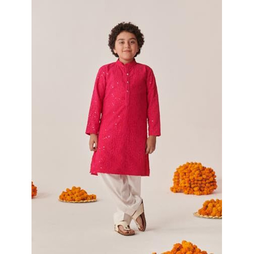 Pspeaches Boys Floral Embroidered Regular Thread Work Kurta With Pyjamas (10-12Years)